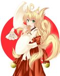  animal_ears blonde_hair fan folding_fan fox_ears fox_tail green_eyes highres japanese_clothes long_hair miko original smile solo tail waizu 