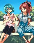  akr_et alternate_costume bad_id bad_pixiv_id blue_eyes blue_hair casual fang food ice_cream long_hair mahou_shoujo_madoka_magica miki_sayaka multiple_girls open_mouth ponytail red_eyes red_hair sakura_kyouko short_hair 