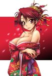  bare_shoulders blush breast_hold breasts cleavage collarbone crossed_arms hair_ornament japanese_clothes kimono large_breasts lipstick long_hair makeup off_shoulder onizuka_takuto original red_eyes red_hair smile solo tassel 