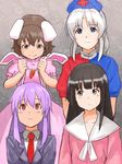  animal_ears bad_id bad_pixiv_id black_hair blue_dress blue_eyes brown_eyes brown_hair bunny_ears business_suit carrot carrot_necklace dress ear_pull face formal grey_eyes hat houraisan_kaguya inaba_tewi jewelry long_hair looking_at_viewer multicolored multicolored_clothes multicolored_dress multiple_girls necklace necktie nurse nurse_cap pendant pink_dress purple_hair red_eyes red_neckwear reisen_udongein_inaba shibasaki_shouji short_hair side-by-side silver_hair smile suit touhou yagokoro_eirin 