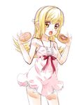  :o bakemonogatari bare_legs bare_shoulders blonde_hair blush bow doughnut dress food kouji_(campus_life) long_hair lowres monogatari_(series) open_mouth oshino_shinobu pointy_ears sketch solo strap_slip yellow_eyes 