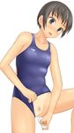 black_eyes black_hair blush breasts copyright_request one-piece_swimsuit pubic_hair short_hair small_breasts solo swimsuit swimsuit_aside takafumi tampon tan tanline 