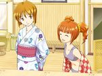  2girls bra brown_eyes brown_hair closed_eyes hagiwara_yukiho highres idolmaster idolmaster_(classic) japanese_clothes kimono lingerie multiple_girls open_mouth panties short_hair smile sports_bra takatsuki_yayoi twintails underwear undressing 