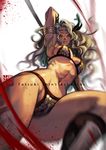  amazon_(dragon's_crown) arm_up armlet armor armpits bikini_armor blonde_hair blood blurry breasts cameltoe dragon's_crown foreshortening from_below green_eyes large_breasts long_hair looking_at_viewer looking_down muscle muscular_female sayo_tanku solo 