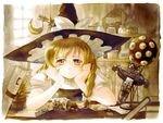  black_dress blonde_hair blush book bottle braid candy crescent dress food hat keiko_(mitakarawa) kirisame_marisa long_hair planetarium solo star telescope touhou traditional_media watercolor_(medium) window witch_hat yellow_eyes 