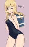  backpack bag blonde_hair blush green_eyes highres hips kyou_no_asuka_show kyouno_asuka long_hair one-piece_swimsuit simple_background solo swimsuit tarayama wide_hips 