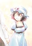  1girl black_hair closed_eyes dress hat hoshino_madoka labcoat okabe_rintarou open_mouth shiina_mayuri sleeve_tug smile steins;gate tug 