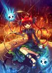  animal_ears ankle_ribbon bell bell_collar braid capura_lin cat_ears cat_tail chain collar fang highres jingle_bell kaenbyou_rin molten_rock multiple_tails nail_polish red_hair red_nails ribbon skull solo spirit tail touhou twin_braids twintails wheel 