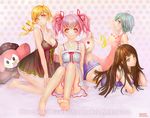  4girls :3 ahoge akemi_homura artist_name barefoot blue_hair breasts charlotte_(madoka_magica) cleavage copyright_name dated drill_hair kaname_madoka kyubey long_hair looking_at_viewer mahou_shoujo_madoka_magica medium_breasts miki_sayaka multiple_girls nightgown orry parted_lips pink_eyes pink_hair profile ribbon-trimmed_clothes ribbon_trim short_hair smile tomoe_mami twin_drills twintails witch 