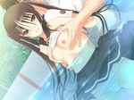  black_hair breast_grab breasts fault game_cg nipples panties pool seifuku striped_panties sugiyama_mio taka_tony twintails underwear water wet 