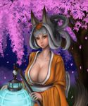  animal_ears breasts brown_eyes cherry_blossoms cleavage collarbone fox_ears fox_tail hair_up huge_breasts japanese_clothes kongiku lantern leaf leaf_on_head lips night oboro_muramasa open_mouth paper_lantern realistic ribbon silver_hair solo sturmjager tail 