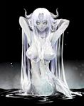  armpits arms_behind_head arms_up blue_skin breasts copyright_request horns large_breasts long_hair mermaid monster_girl navel pasties seqet-aru solo star_pasties very_long_hair white_hair 