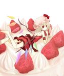  armband bad_id bad_pixiv_id bare_shoulders barefoot bat_wings blonde_hair cake dress feet finger_to_mouth flandre_scarlet food fruit hat highres lying mugi_(banban53) on_stomach red_eyes short_hair side_ponytail solo strawberry strawberry_shortcake touhou wings 