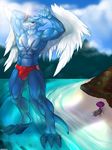  amber_eyes azelyn beach bikini blue blue_body bodybuilder bulge claws clothed clothing digimon dragon exveemon face_markings facial_markings fangs feathers female hindpaw horn looking_back looking_down lying macro male markings mountain muscles navel nipples paws reptile sand scalie seaside size_difference skimpy speedo speedos spikes standing swimsuit tail tight_clothing water wings xbuimonsama 