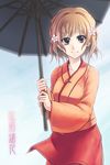  bad_id bad_pixiv_id brown_eyes brown_hair flower hair_flower hair_ornament hanasaku_iroha highres japanese_clothes kissuisou_uniform matsumae_ohana nakai_(waitress) rotix short_hair smile solo umbrella wavy_hair 