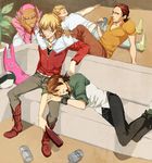  5boys alcohol anger_vein antonio_lopez bad_id bad_pixiv_id barnaby_brooks_jr belt blonde_hair boots bottle bracelet brown_eyes brown_hair cabbie_hat can closed_eyes couch dark_skin dark_skinned_male denim drunk earrings facial_hair fingernails glasses hat jacket jeans jewelry kaburagi_t_kotetsu keith_goodman lap_pillow lipstick makeup male_focus multiple_boys nathan_seymour necktie pants pink_eyes pink_hair red_jacket sleeping stubble studded_belt stuffed_animal stuffed_bunny stuffed_toy tiger_&amp;_bunny v-neck vest watch wristwatch 