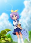  bad_id bad_pixiv_id blue_eyes closed_umbrella hal_(pixiv2042201) highres hiiragi_tsukasa lucky_star purple_hair ryouou_school_uniform school_uniform serafuku short_hair solo umbrella yellow_neckwear 