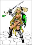  armor armored_boots asymmetrical_clothes blonde_hair blue_eyes boots breasts elf gauntlets hakan_ackegard long_hair medium_breasts nipples no_panties one_breast_out pointy_ears pubic_hair pussy shield signature single_gauntlet single_spaulder smile solo sword warrior weapon 