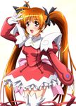  arm_up blue_eyes blush brown_hair cosplay diesel-turbo gloves hair_ribbon kaitou_tenshi_twin_angel long_hair lyrical_nanoha mahou_shoujo_lyrical_nanoha minazuki_haruka_(twin_angel) minazuki_haruka_(twin_angel)_(cosplay) open_mouth ribbon seiyuu_connection simple_background solo takamachi_nanoha tamura_yukari thighhighs twin_angel twintails very_long_hair white_legwear 