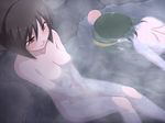  blush bob_cut breasts brown_eyes brown_hair censored convenient_censoring green_hair hagiwara_yukiho hairband head_bump idolmaster idolmaster_(classic) medium_breasts multiple_girls nude onsen otonashi_kotori puton short_hair smile steam steam_censor unconscious water 