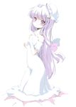  blush coo crescent dress hair_ribbon hand_on_own_chest hat highres kneeling long_hair patchouli_knowledge purple_eyes purple_hair ribbon solo strapless strapless_dress touhou white_dress 