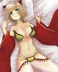  animal_ears bad_id bad_pixiv_id bed_sheet blue_eyes blush breasts brown_hair choker cleavage detached_sleeves gypsy_(ragnarok_online) harem_pants lying medium_breasts navel on_back pants pillow ragnarok_online see-through sheet_grab short_hair solo uzuki_kouta 