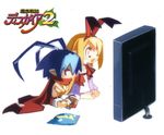  1girl blonde_hair blue_hair chibi chips crossed_arms disgaea flonne food happy harada_takehito laharl long_hair makai_senki_disgaea_2 official_art pointy_ears red_eyes scan scarf sitting television 