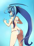  ass bikini blue_eyes blue_hair breasts christinya long_hair looking_back medium_breasts original ponytail solo striped striped_bikini swimsuit very_long_hair 