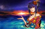  bad_id bad_pixiv_id bare_shoulders breasts cleavage flower hair_bun hair_flower hair_ornament highres japanese_clothes jjune kimono large_breasts mountain off_shoulder original purple_hair red_eyes sky smile solo star_(sky) starry_sky sunset wading water 