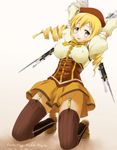  arms_behind_head arms_up bayonet beret blonde_hair blush boots breasts brown_legwear corset covered_nipples crossed_arms dancho_(danch) detached_sleeves drill_hair dual_wielding fingerless_gloves garter_straps gloves gradient gradient_background gun hair_ornament hairpin hat highres holding kneeling large_breasts magical_girl magical_musket mahou_shoujo_madoka_magica open_mouth pleated_skirt puffy_sleeves ribbon rifle shirt skirt smile solo striped striped_legwear taut_clothes taut_shirt thighhighs tomoe_mami twin_drills twintails vertical-striped_legwear vertical_stripes weapon yellow_eyes zettai_ryouiki 