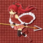  boots food long_hair magical_girl mahou_shoujo_madoka_magica mouth_hold pocky polearm ponytail red red_eyes red_hair sakura_kyouko skirt solo spear thighhighs weapon yuzuki_(yuduame) 