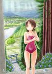  acrylic_paint_(medium) artist_name banned_artist bridge brown_eyes brown_hair competition_school_swimsuit covered_navel flower hydrangea leaf leaf_umbrella light_rays one-piece_swimsuit original rice_paddy river sarah_sauge scenery school_swimsuit shiny shiny_clothes short_hair solo stone_torii sunbeam sunlight swimsuit torii traditional_media tree 