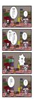  4koma bag black_wings book bookshelf comic crescent cutting dora_ita hat head_wings highres koakuma long_hair multiple_girls necktie patchouli_knowledge purple_hair red_hair saw shelf sweatdrop touhou translated wings wood 