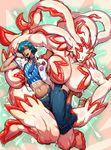  blue_hair breasts dark_skin dark_skinned_male fan huge_breasts midriff monster_girl necktie no_eyes pixiv_shadow sandals sasaki_tatsuya shiny wristband 