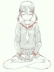  barefoot black_hair blush closed_eyes crossed_legs dhyana_mudra hair_ornament hairclip indian_style legs long_hair lotus_position meditation monochrome mudra original school_uniform serafuku shimano_natsume simple_background sitting sketch skirt solo twintails 