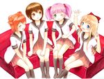  akaza_akari blonde_hair blue_eyes blush brown_eyes brown_hair couch dress funami_yui green_eyes long_hair marker_(medium) millipen_(medium) multiple_girls nanamori_school_uniform one_eye_closed orange_hair pink_hair sailor_dress school_uniform serafuku short_hair sitting toshinou_kyouko traditional_media twintails v watayuki yoshikawa_chinatsu yuru_yuri 