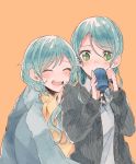  2girls ^_^ aqua_hair bang_dream! black_jacket blanket blush closed_eyes collared_shirt cup drinking eyes_closed green_eyes grey_shirt hands_on_another&#039;s_shoulders hands_on_another's_shoulders hikawa_hina hikawa_sayo holding holding_cup itomugi-kun jacket long_hair long_sleeves mug multiple_girls open_mouth orange_background shirt short_hair siblings side_braids simple_background sisters smile twins upper_body yellow_shirt 