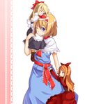  :t alice_margatroid blonde_hair blue_eyes capelet carrying closed_eyes dress hairband hourai_doll kurenai_hanpen multiple_girls one_eye_closed orange_hair pout red_eyes shanghai_doll sitting_on_shoulder smile touhou 