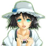  bad_id bad_pixiv_id black_hair blue_eyes collarbone face hat libus open_mouth shiina_mayuri signature solo steins;gate 