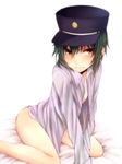  androgynous angel_beats! bad_id bad_pixiv_id blush dress_shirt green_hair hat highres male_focus naoi_ayato otoko_no_ko shirt short_hair sitting solo suzuho wariza yellow_eyes 