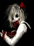  black_sclera blonde_hair blood eating face fangs glowing glowing_eyes guro hair_ribbon highres horror_(theme) looking_at_viewer pale_skin ribbon rumia sakurai_haruto sharp_teeth short_hair simple_background solo teeth tongue touhou 