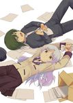  1girl angel_beats! box green_hair hat hat_removed headwear_removed hiiro_5-sai long_hair lying naoi_ayato paper school_uniform silver_hair tenshi_(angel_beats!) yellow_eyes 