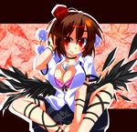  adapted_costume between_breasts blush braid breasts brown_hair camera cleavage dress_shirt expressionless gin_(shioyude) hand_to_head hat indian_style large_breasts leaf looking_away maple_leaf open_mouth red_eyes shameimaru_aya shirt sitting skirt solo tokin_hat touhou wings 