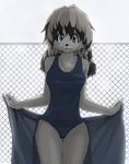  ??? canine female fence looking_at_viewer mammal one-piece_swimsuit ooku solo standing swimsuit towel young 