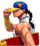 baseball_cap braid bridal_gauntlets chinese_clothes hat ikeno_daigo male_focus muscle official_art single_braid skateboard solo street_fighter street_fighter_iii_(series) upper_body yun_lee 