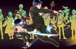  animal ao_no_exorcist blue_eyes blue_fire blue_hair brothers chain coat dual_wielding fire flaming_sword glasses gun holding jewelry katana long_sleeves multiple_boys multiple_tails necklace necktie okumura_rin okumura_yukio overcoat pointy_ears profile sheath siblings silhouette striped striped_neckwear sword tail tail-tip_fire weapon yooani 