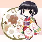  black_hair chibi floral_print highres ikoku_meiro_no_croisee japanese_clothes kimono o_o sandals short_hair solo yume_shokunin yune_(ikoku_meiro_no_croisee) 