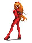  bangs black_eyes blush bodysuit bracer falcoon from_side full_body gloves hair_ornament hand_on_hip legs_apart light_smile long_hair long_legs looking_back neon_genesis_evangelion orange_hair pilot_suit plugsuit shadow simple_background smile solo souryuu_asuka_langley standing turtleneck very_long_hair white_background 