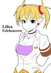  arcana_heart blonde_hair blue_eyes blush breasts character_name choker cleavage earrings face fang jewelry lilica_felchenerow medium_breasts pointy_ears simple_background smile solo tomatto_(@ma!) twintails 