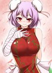  bandages bare_shoulders blush breasts bun_cover double_bun hand_on_own_chest highres ibaraki_kasen impossible_clothes impossible_shirt large_breasts looking_at_viewer pandain pink_hair red_eyes seductive_smile shirt smile solo touhou upper_body 